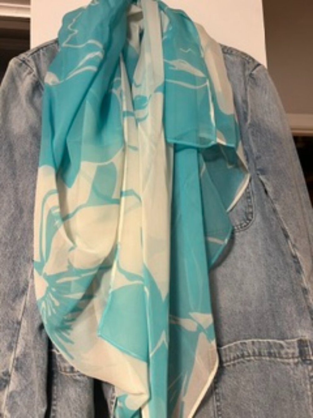 NWOT Echo 100% Silk Scarf in Turquoise Blue and White